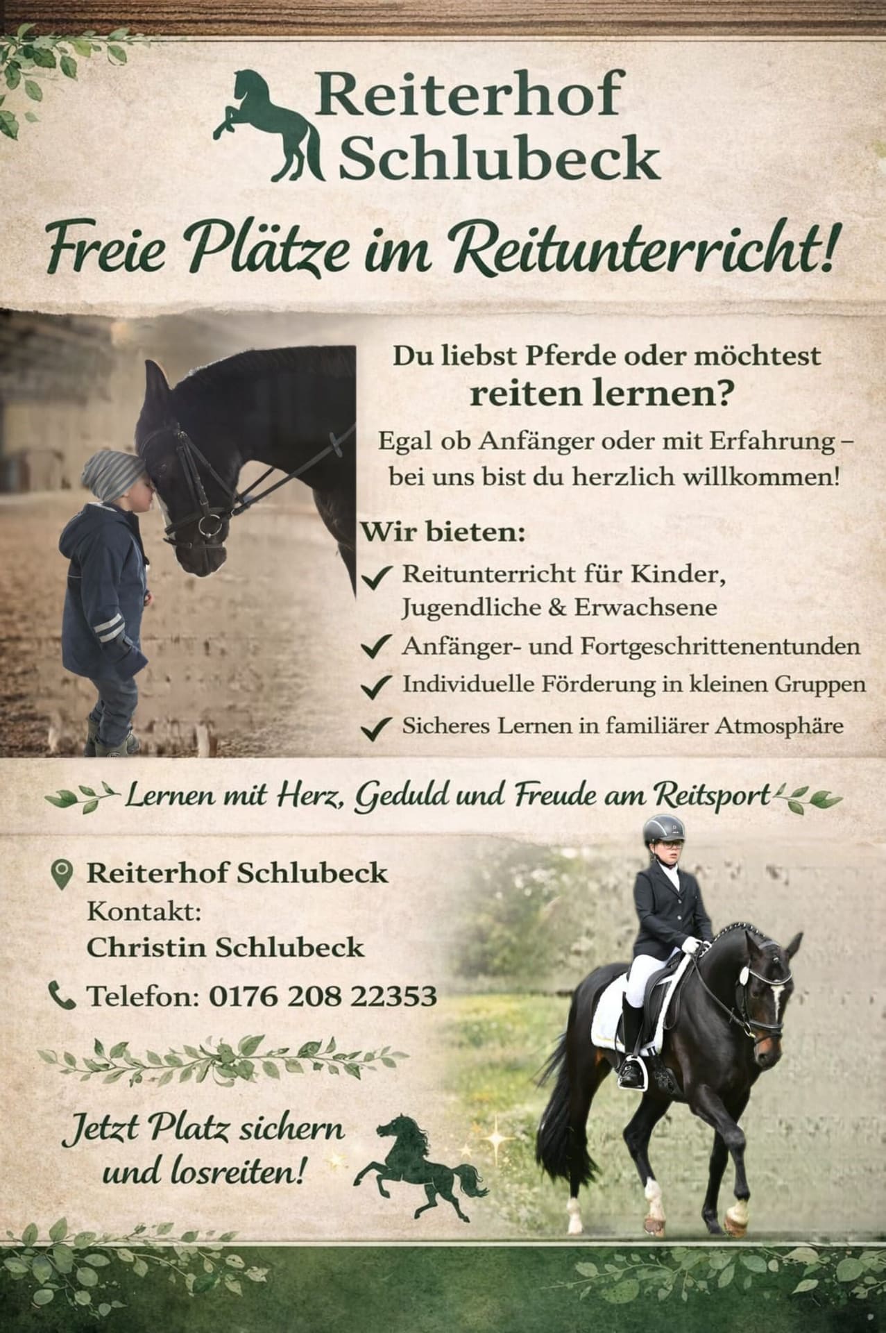 Flyer: Freie Plätze im Reitunterricht!